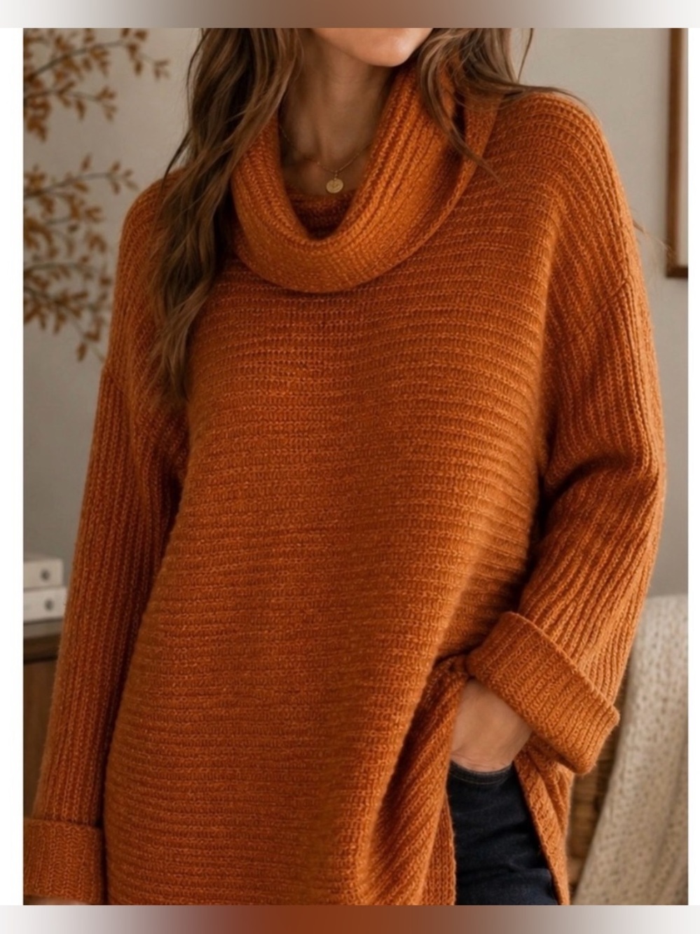 Anthropologie Pilcro Rust Orange Cowl Neck Tunic Sweater Size Large